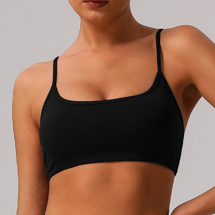 Women’s Sleek Black Sports Bra | High-Compression Strappy Back Fitness Bralette