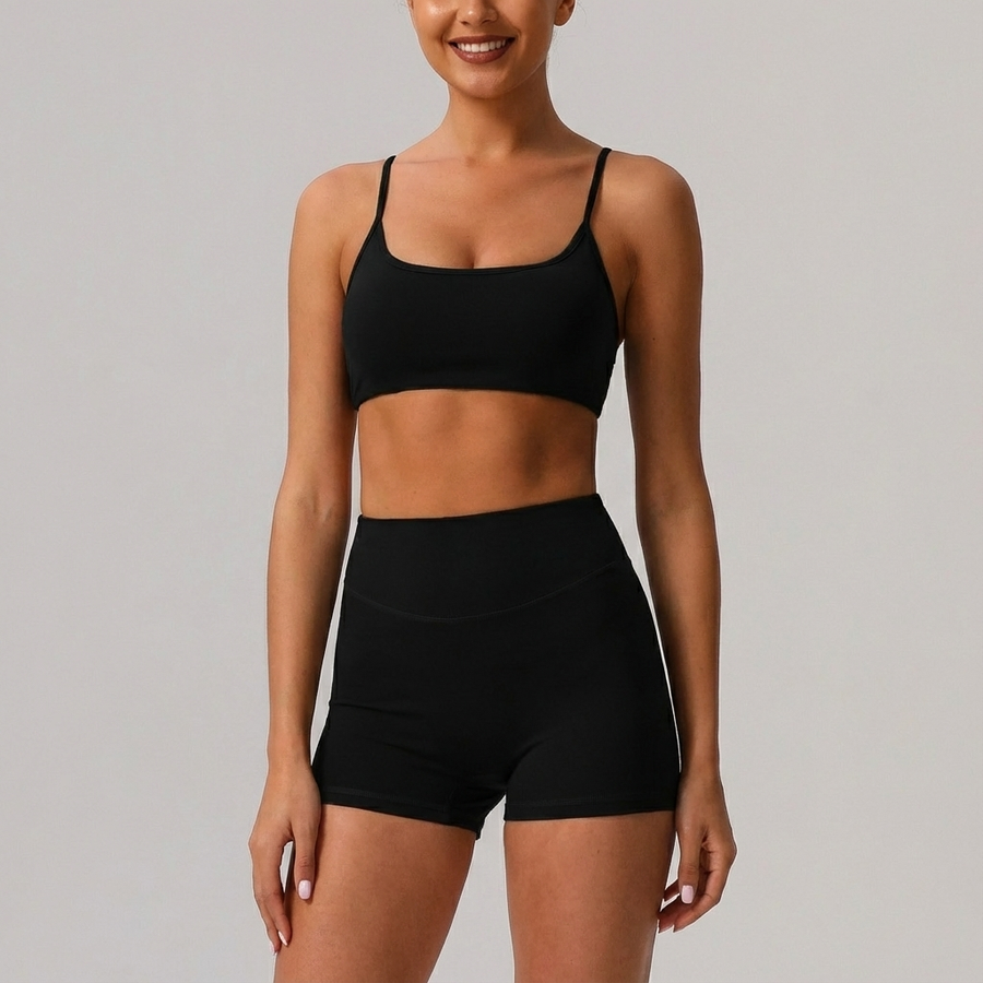 Women’s Sleek Black Sports Bra | High-Compression Strappy Back Fitness Bralette