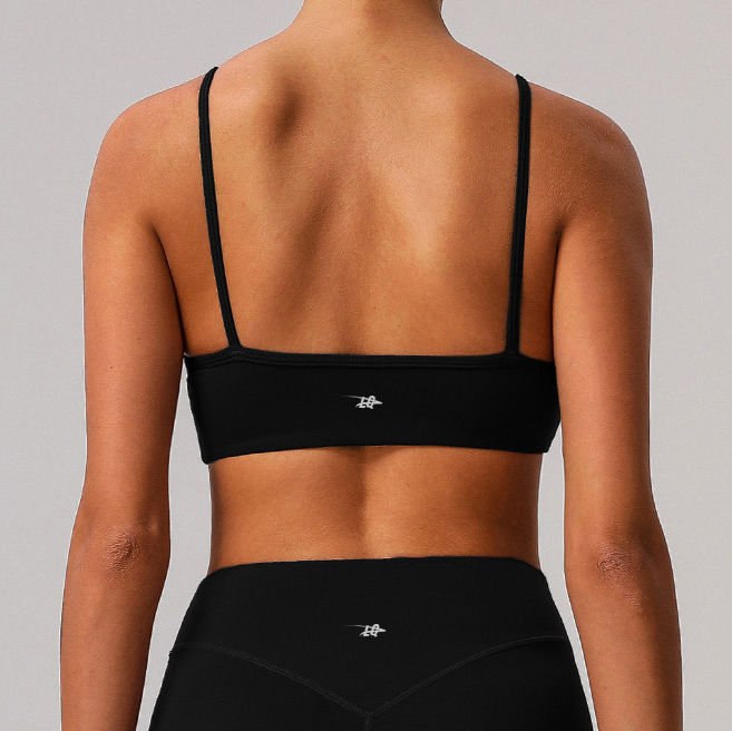 Women’s Sleek Black Sports Bra | High-Compression Strappy Back Fitness Bralette