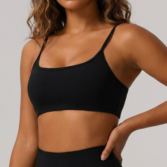 Women’s Sleek Black Sports Bra | High-Compression Strappy Back Fitness Bralette
