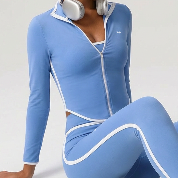 Light Blue Full-Zip Performance Top | Slim-Fit Mock Neck Long Sleeve