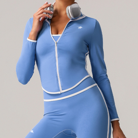 Light Blue Full-Zip Performance Top | Slim-Fit Mock Neck Long Sleeve