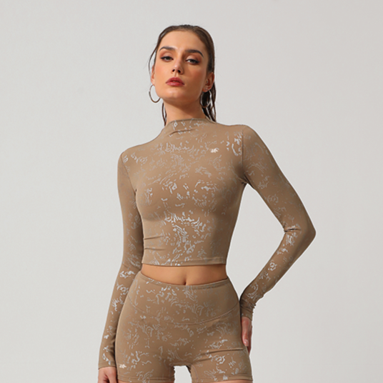 Light Brown Sculpting Performance Top | Long Sleeve Mock Neck Jacquard Tee