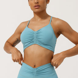 Women’s Sky Blue Ruched Sports Bra | Strappy Back High-Stretch Gym & Yoga Top