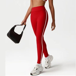 Women’s High-Waisted Red Athletic Leggings | Contrast Side Stripe Gym & Yoga Tights
