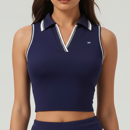 Women’s Sleeveless Polo Crop Top – Sporty & Elegant Fit – Navy Blue