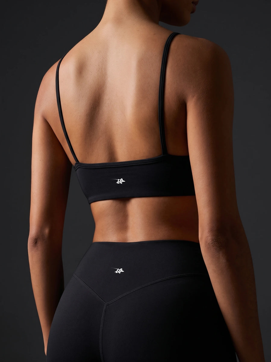Sleek Black Sports Bra | High-Compression Strappy Back Fitness Bralette
