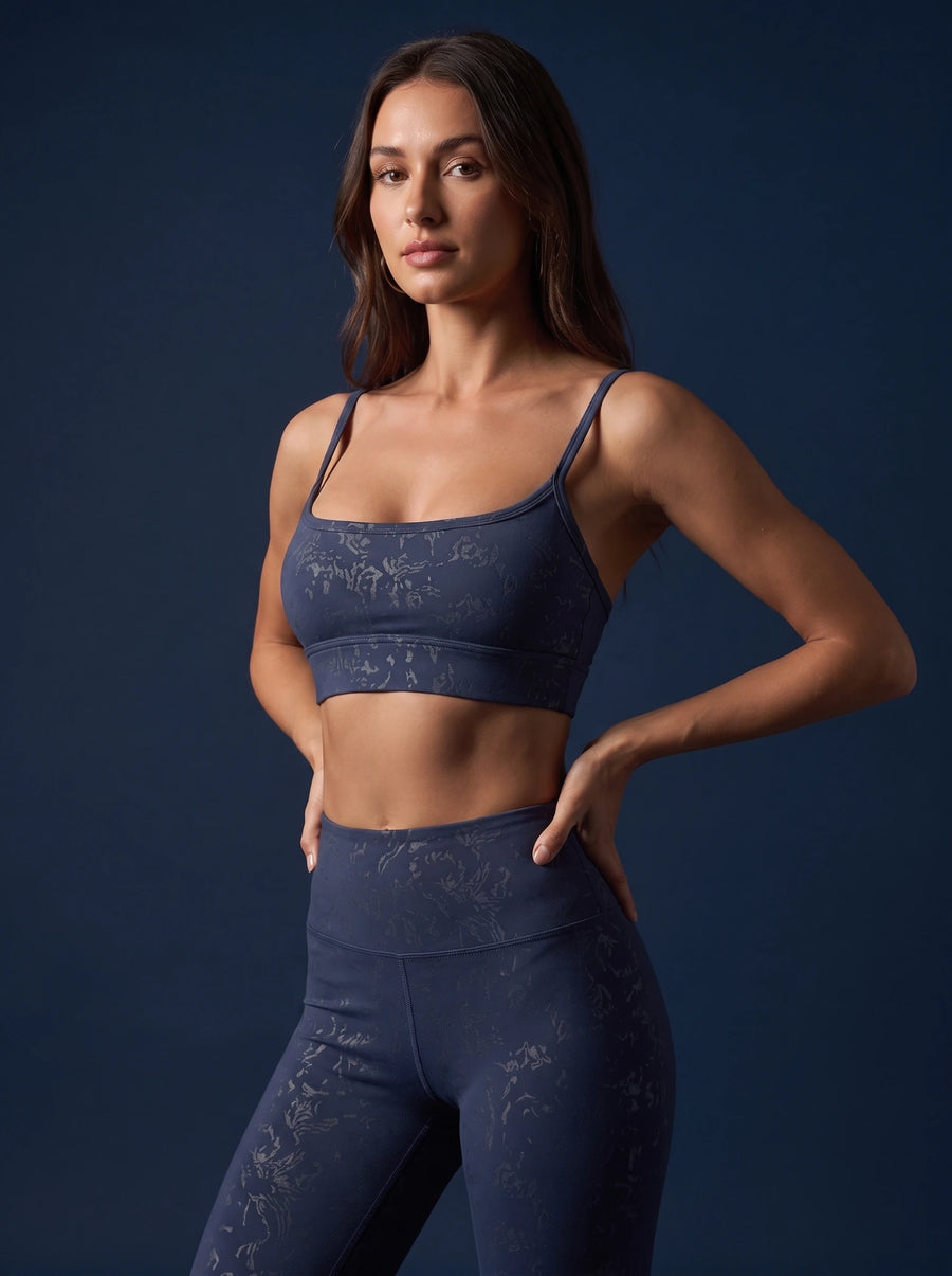 Navy Marble-Textured Sports Bra | Supportive Thin-Strap Yoga & Gym Top