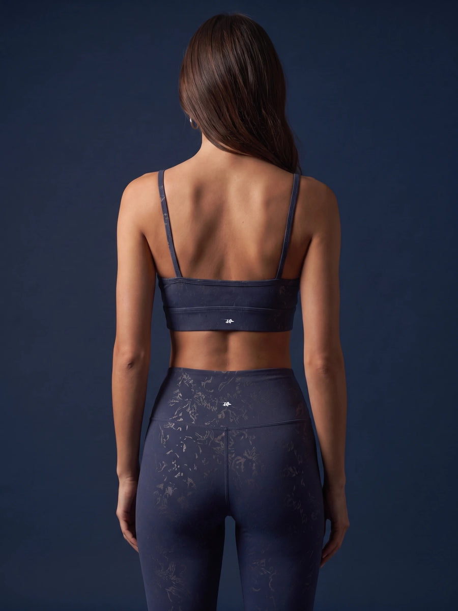 Navy Marble-Textured Sports Bra | Supportive Thin-Strap Yoga & Gym Top